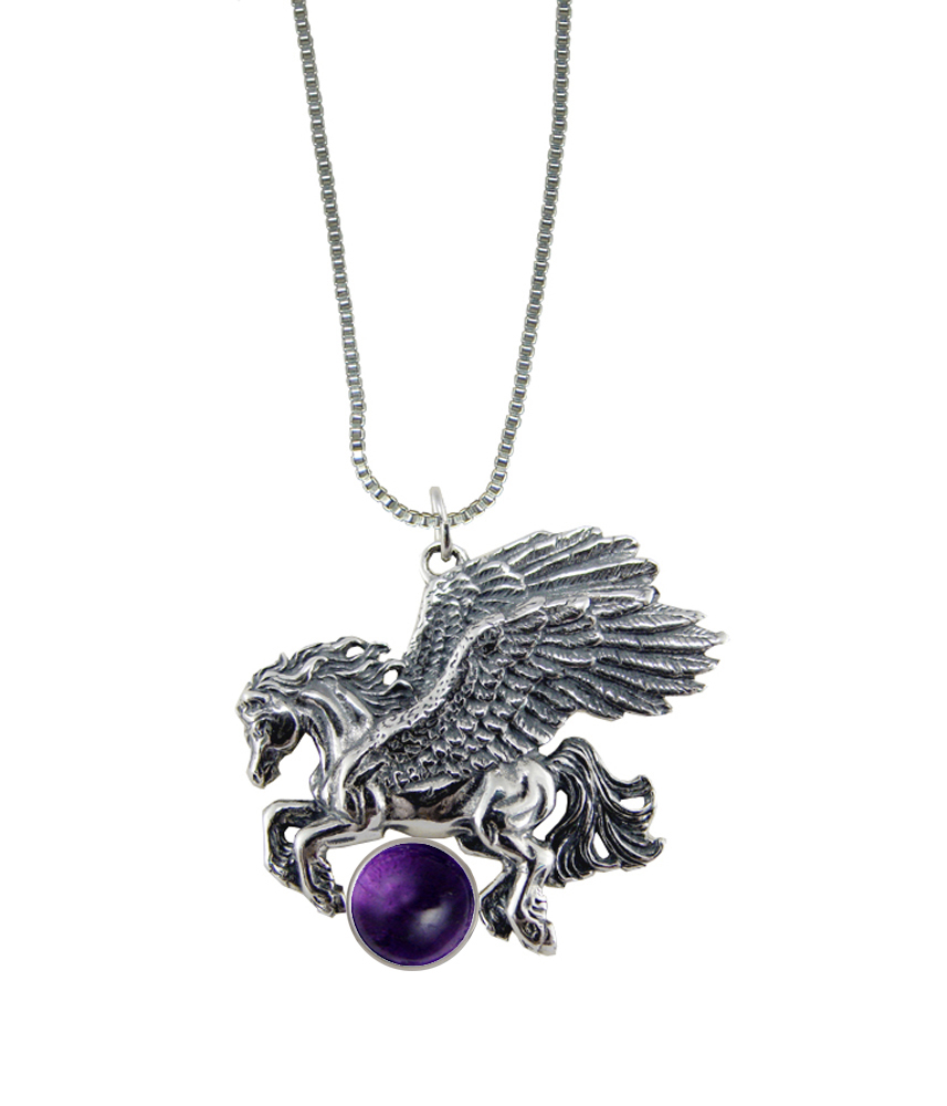 Sterling Silver Detailed Winged Horse Pegasus Pendant With Amethyst